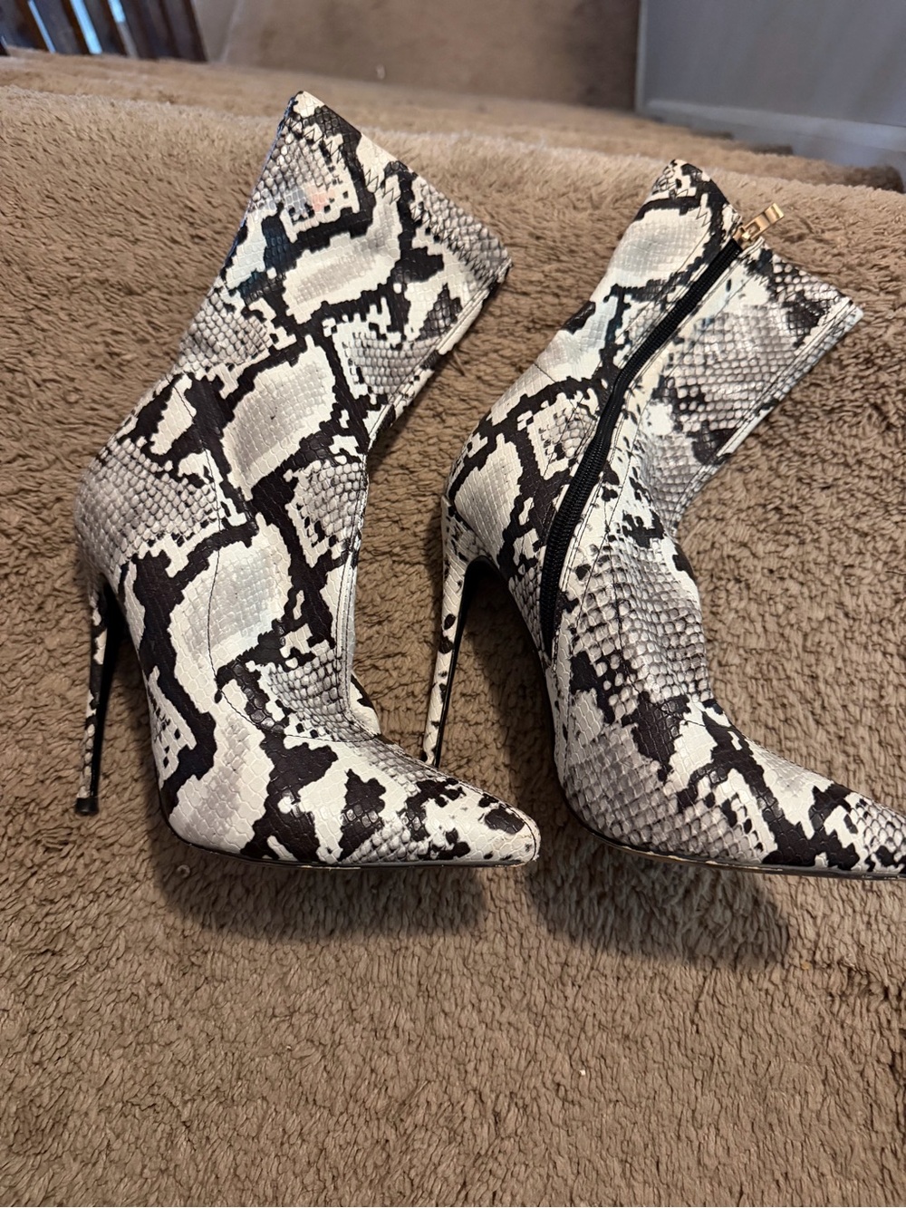 Python-Print Pointed Stiletto Ankle Boots - Black & White